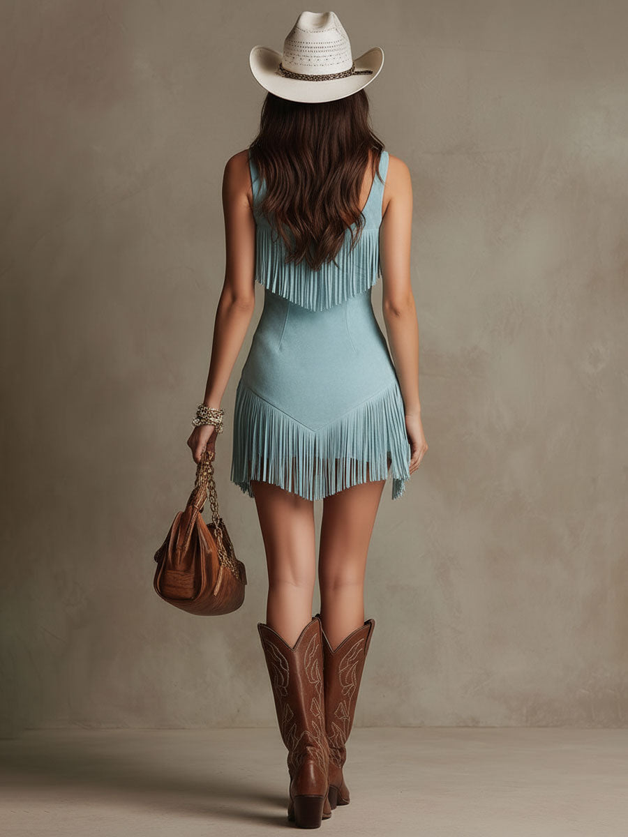 Western Retro Light Blue Faux Suede Sleeveless Tassel Mini Dress