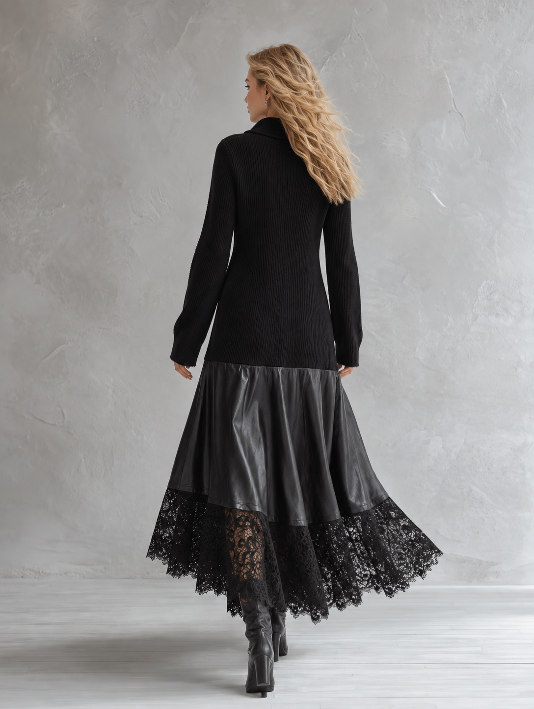 Elegant Urban Style Lace-Hem Black Knit &amp; PU Patchwork Maxi Dress