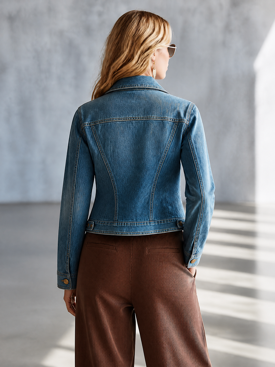 Cropped Fitted Denim Jacket Women Gold Buttons Asymmetric Hem Western Fall