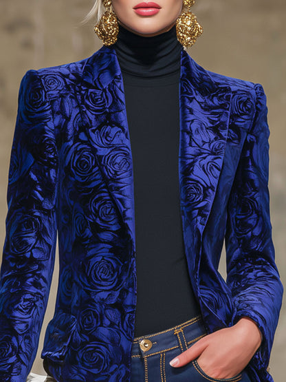 Royal Blue Rose Print Velvet Lapel Blazer