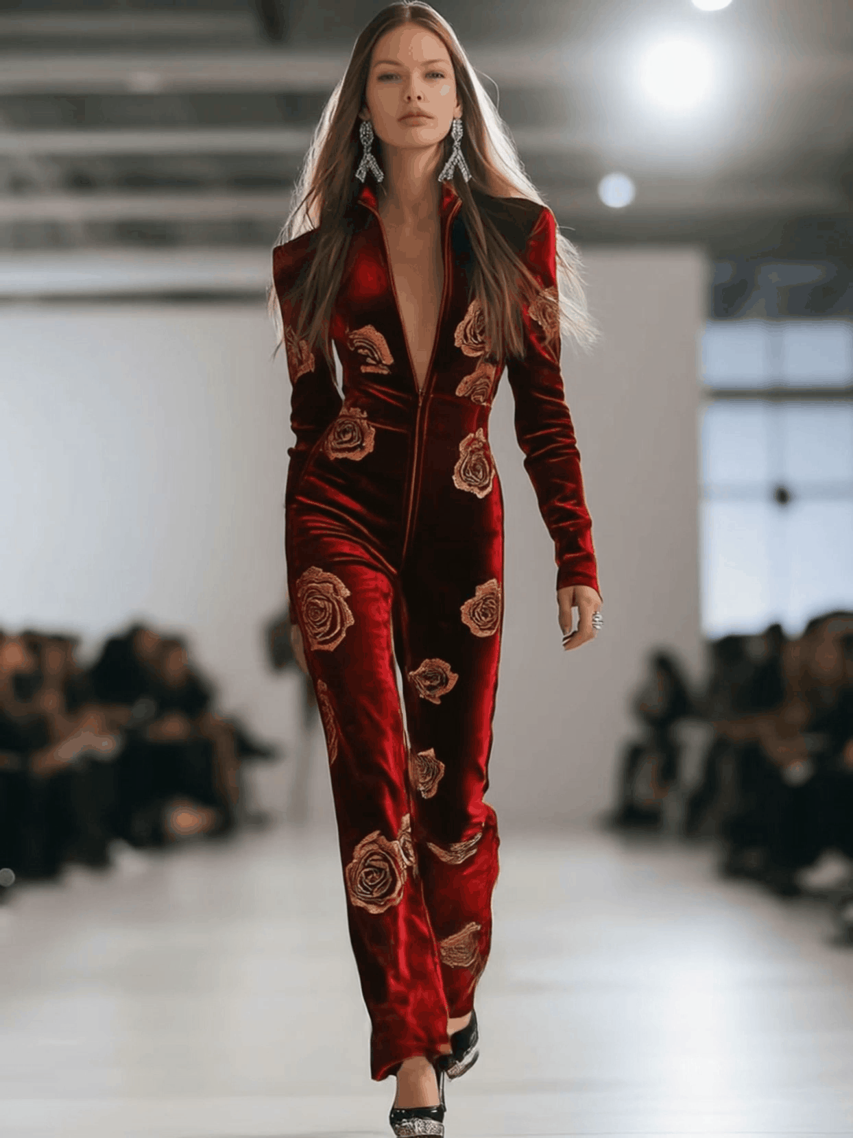 Casual Loose Retro Red Velvet Gold Rose Printed Zipper Long Sleeve Jumpsuit