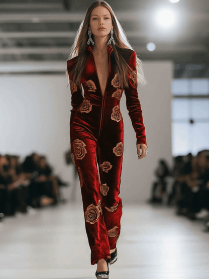 Casual Loose Retro Red Velvet Gold Rose Printed Zipper Long Sleeve Jumpsuit