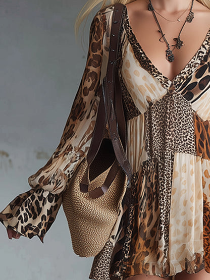 Retro Western-style Animal Print Brown Chiffon Long-sleeved Mini Dress
