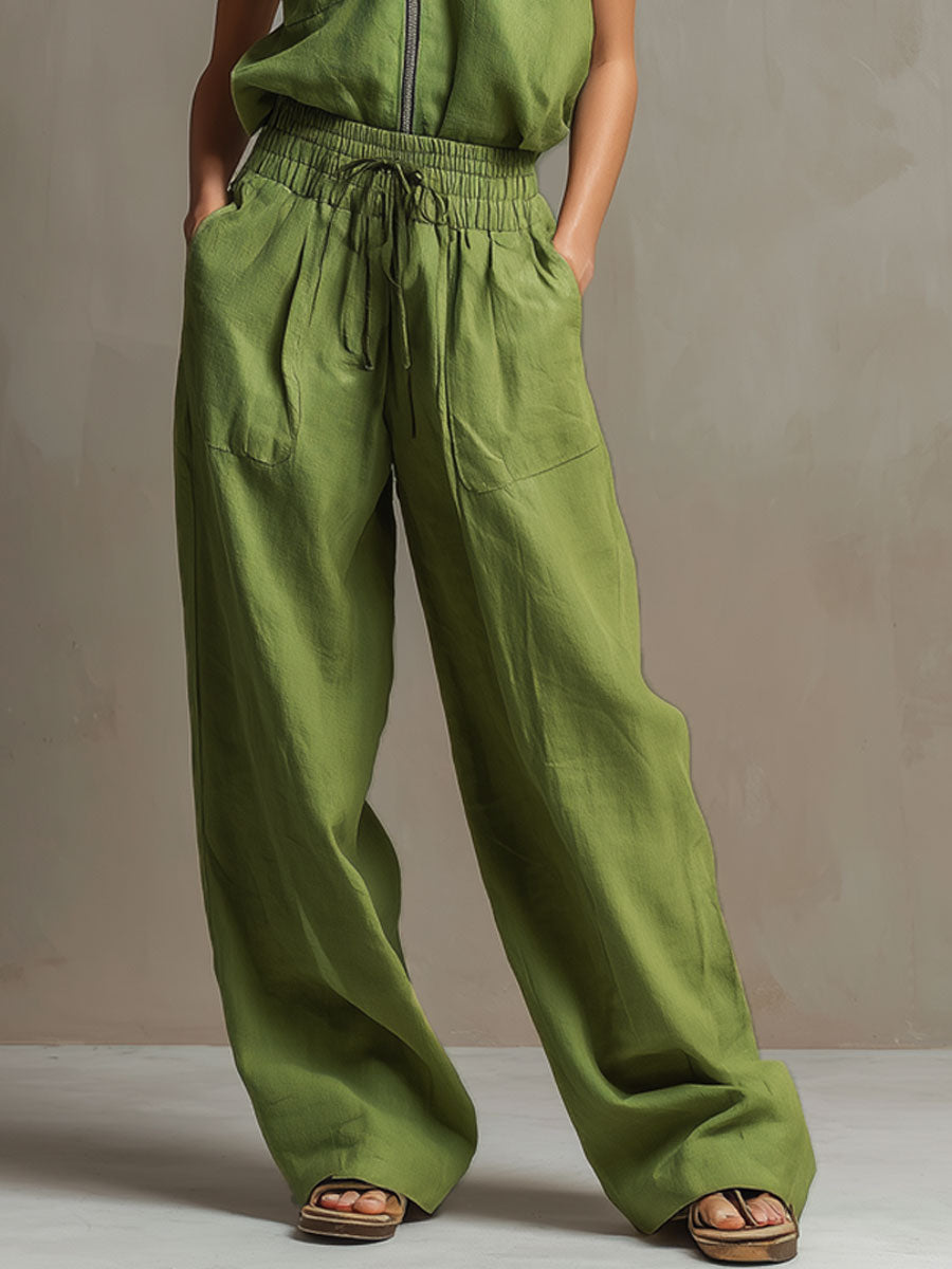 Casual Retro Green Cotton Linen Sleeveless Zip-up Shirt And Wide-leg Pants Set