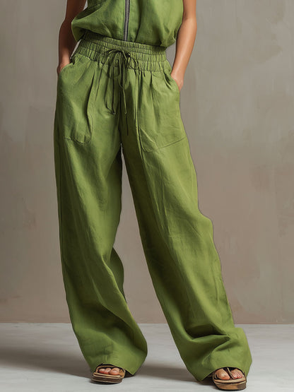 Casual Retro Green Cotton Linen Sleeveless Zip-up Shirt And Wide-leg Pants Set