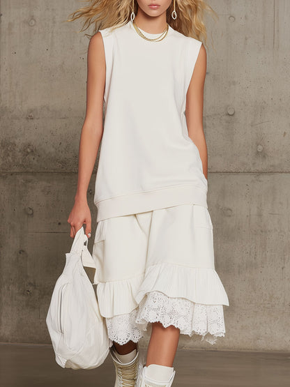 Sporty Retro White Sleeveless Sweatshirt With Lace Ruffled Skirt Set