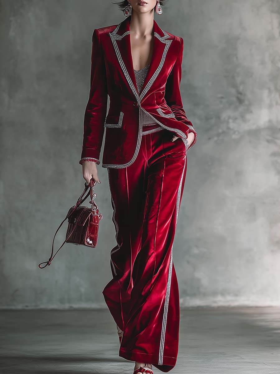 Elegant Retro Exquisite Silver Trim Peak Lapel Dark Red Velvet Blazer And Pants Set