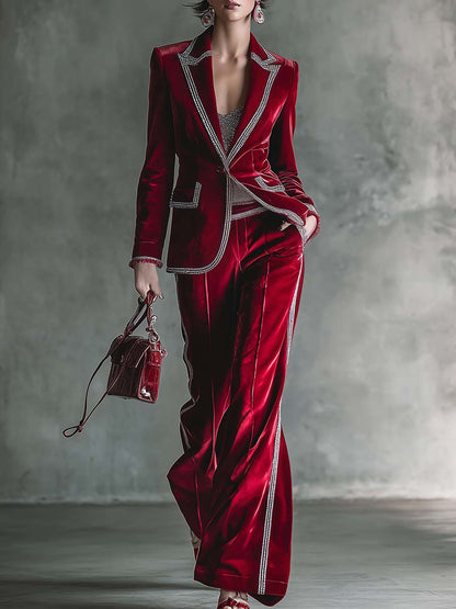Elegant Retro Exquisite Silver Trim Peak Lapel Dark Red Velvet Blazer And Pants Set