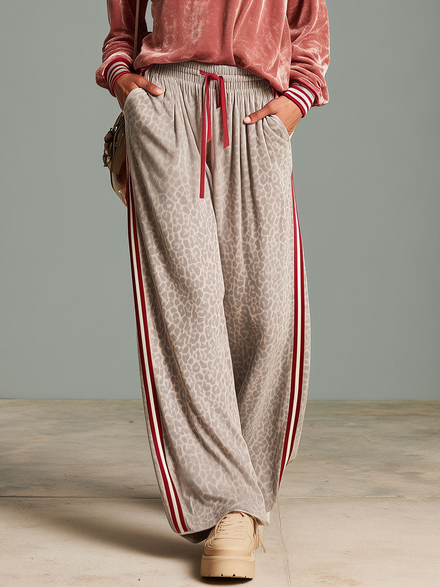 Casual Retro Pink Shiny Velvet Sweatshirt And Leopard Print Pants Set