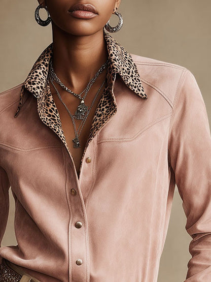 Western Retro Leopard Print Pink Faux Suede Long-Sleeve Shirt