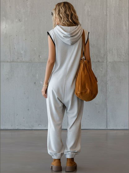 Sporty Retro White-grey Cotton Blend Sleeveless Hooded Jumpsuit