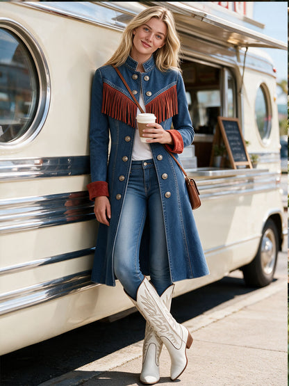 Western Retro Red Tassel Blue Stand-up Collar Double-breasted Denim Coat