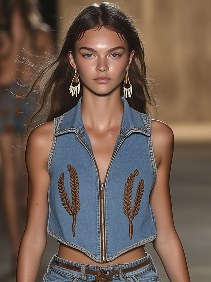 Casual Loose Retro Wheat Ear Embroidery Zipper Denim Vest