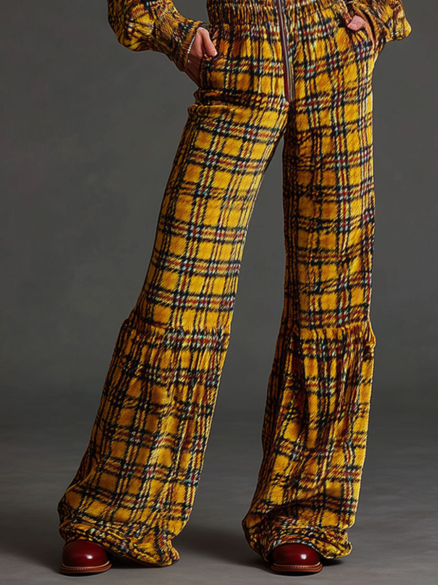 Casual Retro Plaid Yellow Velvet Long-sleeved Hooded Wide-leg Jumpsuit