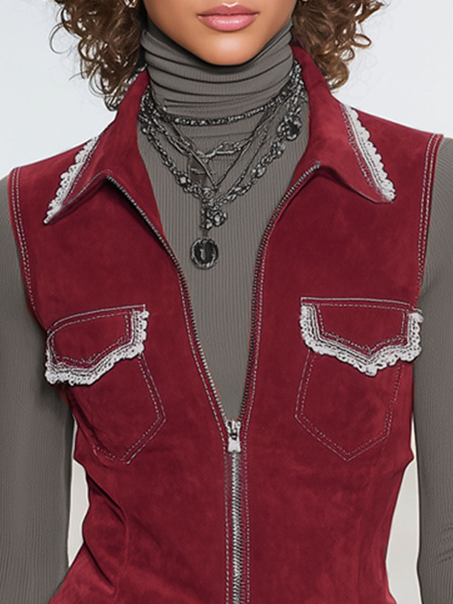 Lapel Double Pocket Lace-trimmed Zipper Faux Suede Vest