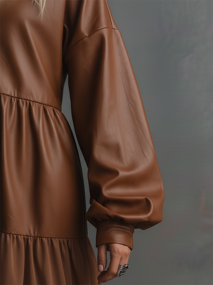 Retro-style V-neck Ruffled Faux Leather Dress