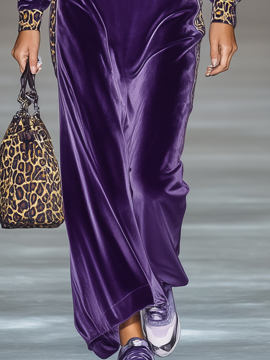 Stylish Purple Loose-fitting Zippered Leopard Print Maxi Dress