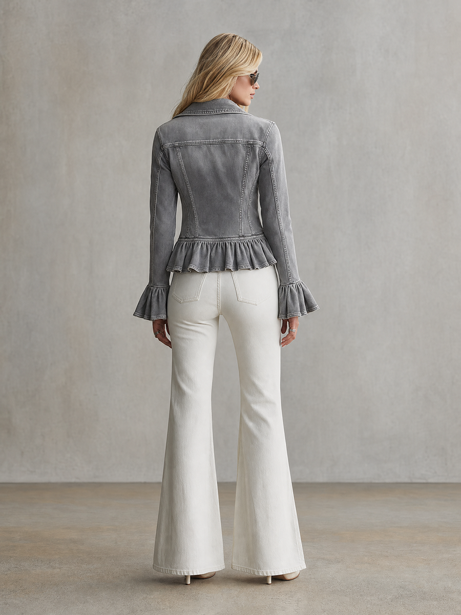Fitted Grey Denim Jacket Women Ruffle Hem Peplum Flare Cuff Feminine