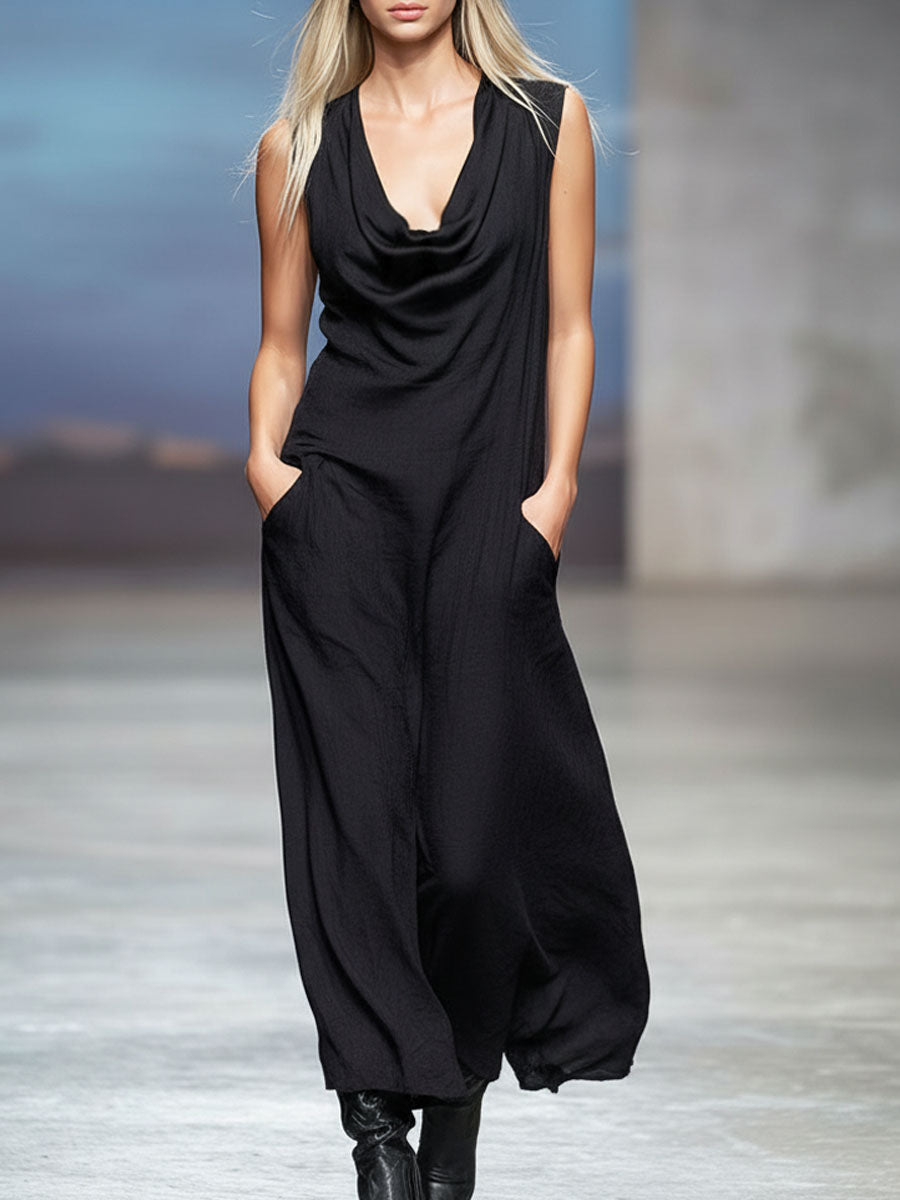 Black V-neck Double-pocket Cotton And Linen Blend Sleeveless Maxi Dress