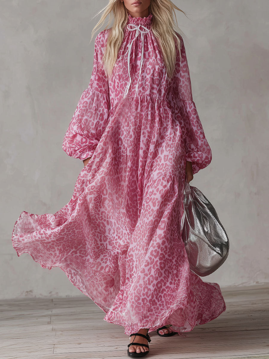 Loose-fitting Leopard Print High-neck Long-sleeved Maxi Dress