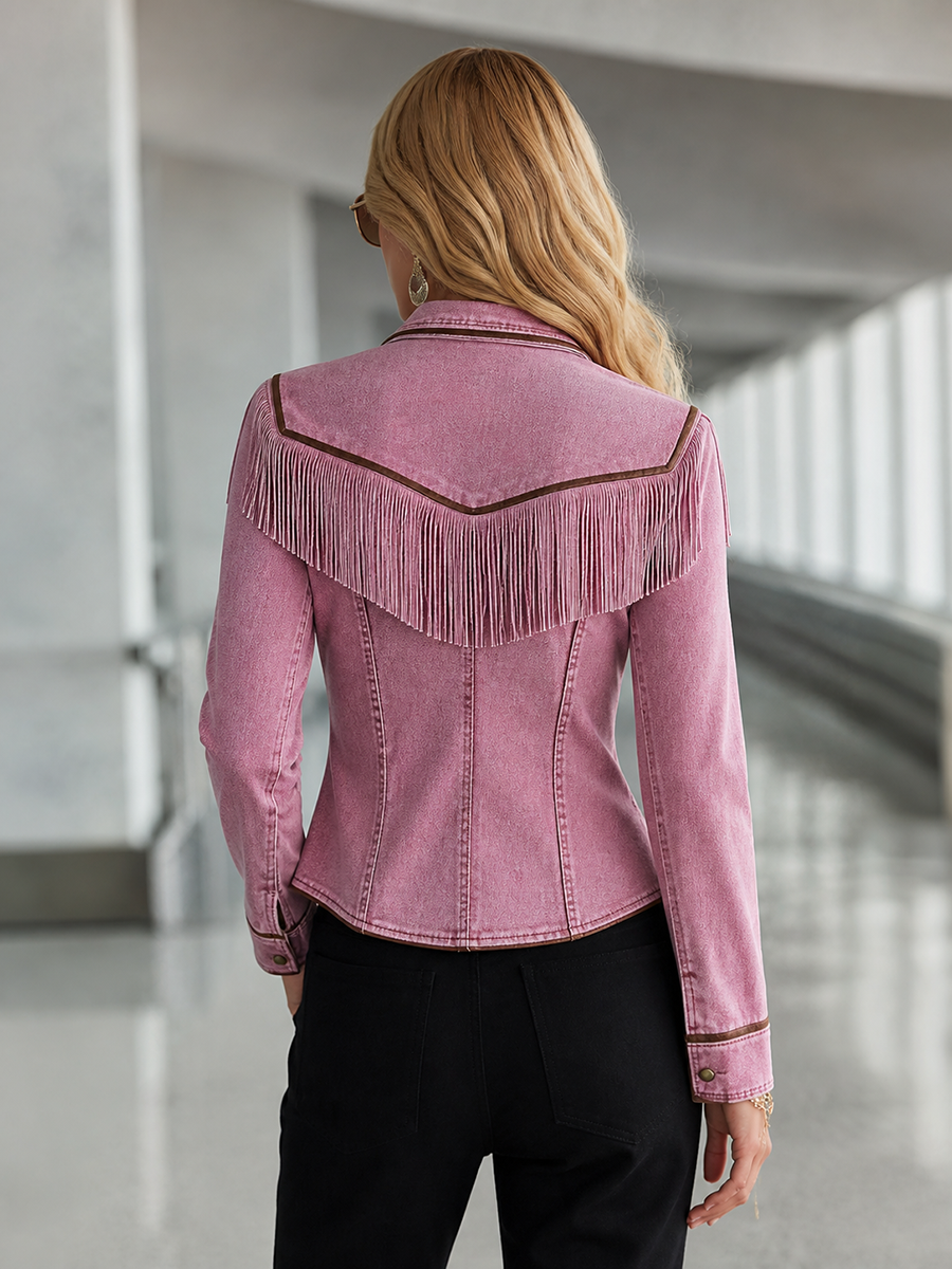 Pink Washed Denim Blazer Double-Breasted Gold Buttons Western Fitted Jacket