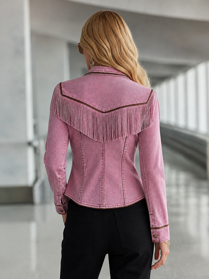Pink Washed Denim Blazer Double-Breasted Gold Buttons Western Fitted Jacket
