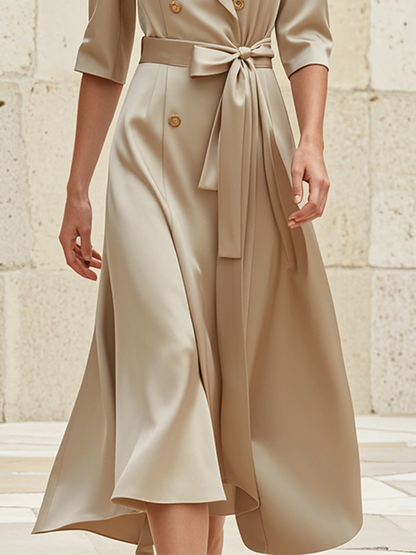 Elegant High-Grade Champagne-Colored Bow-Tie Midi Dress