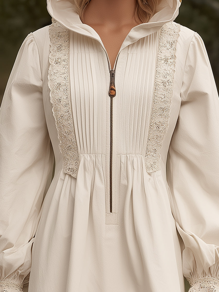 Stylish White Pleated With Partial Lace Detail And Half-zip Closure  Mini Dress