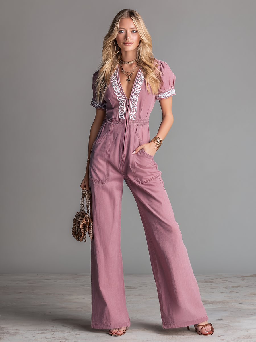 Stylish And Beautiful V-neck Embroidered Zipper Short-sleeved Jumpsuit
