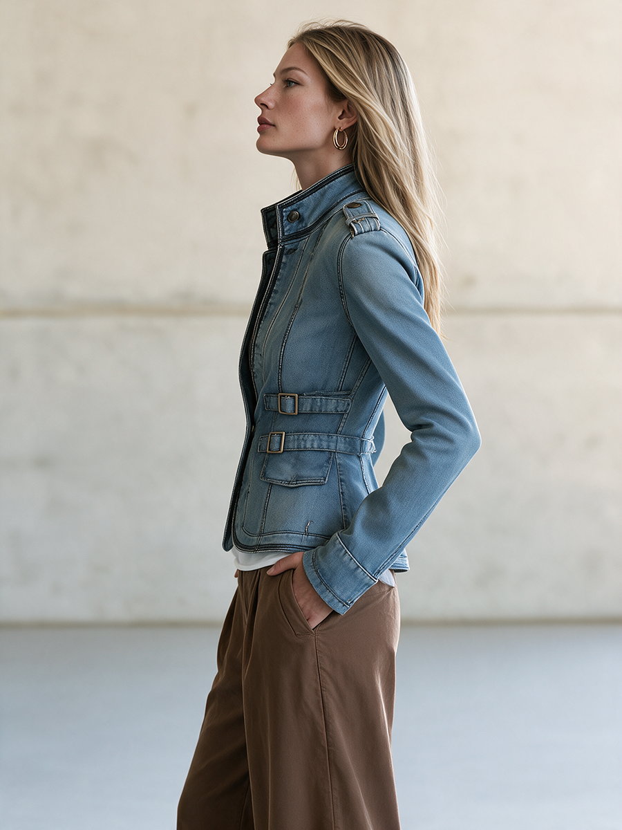 Light Blue Fitted Denim Jacket Women Stand Collar Buckle Belt Detail