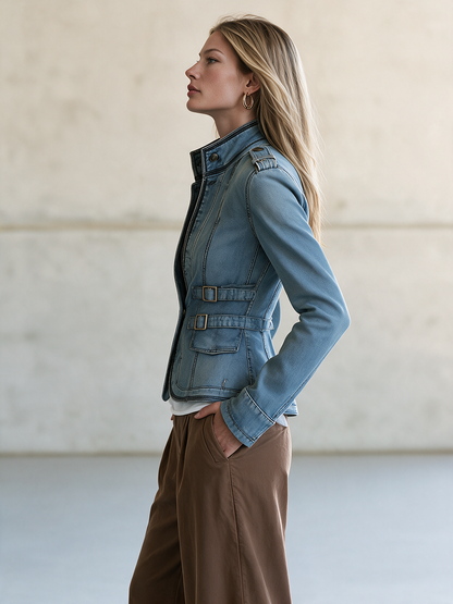 Light Blue Fitted Denim Jacket Women Stand Collar Buckle Belt Detail