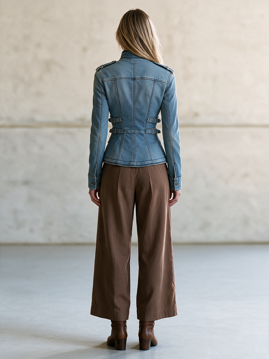 Light Blue Fitted Denim Jacket Women Stand Collar Buckle Belt Detail