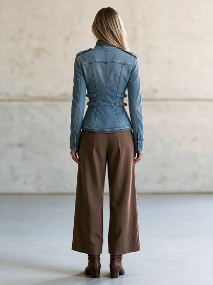 Light Blue Fitted Denim Jacket Women Stand Collar Buckle Belt Detail