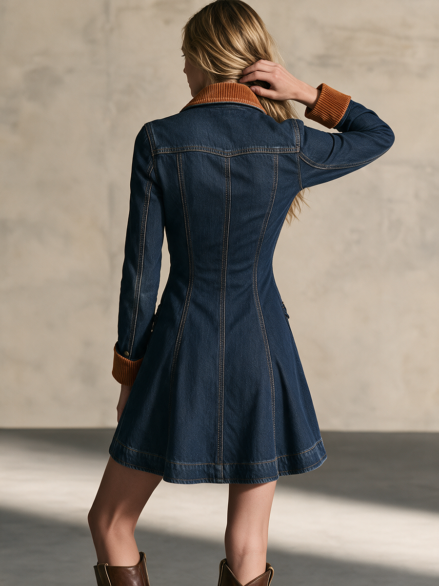 Dark Blue Denim Coat Dress Women Corduroy Collar Double-Breasted Military