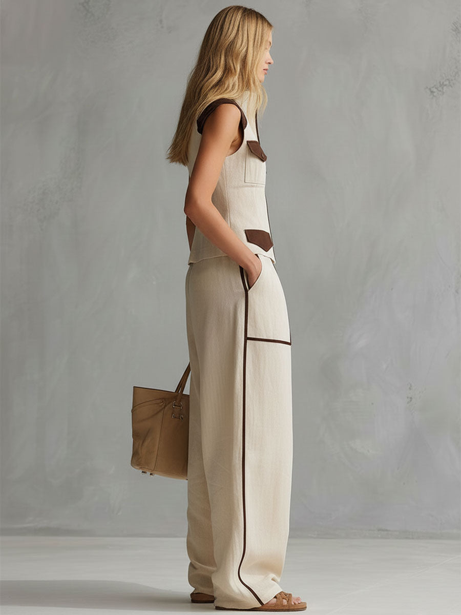 Casual Retro Off-white Sleeveless Cotton And Linen Shirt And Wide-leg Pants Set
