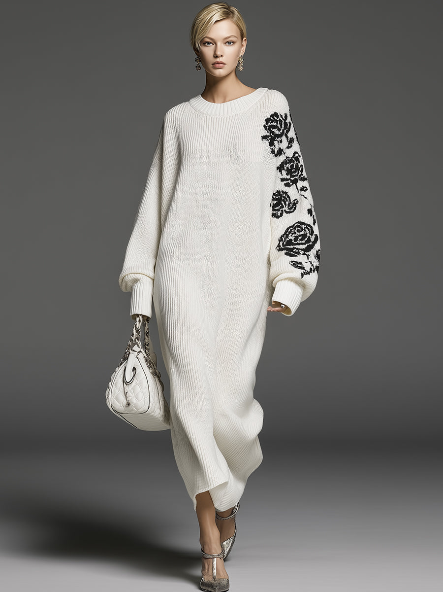 Stylish Loose-fitting Black Rose White Knit Maxi Dress