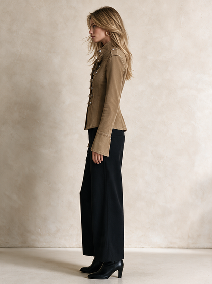 Khaki Military Denim Jacket Women Stand Collar Double-Breasted Fitted
