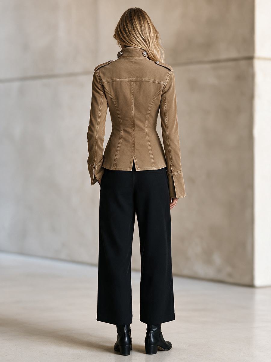 Khaki Military Denim Jacket Women Stand Collar Double-Breasted Fitted