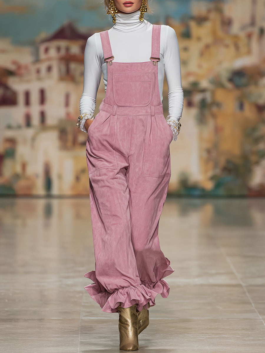 Pink Multi-pocket Ruffled Faux Suede Overalls