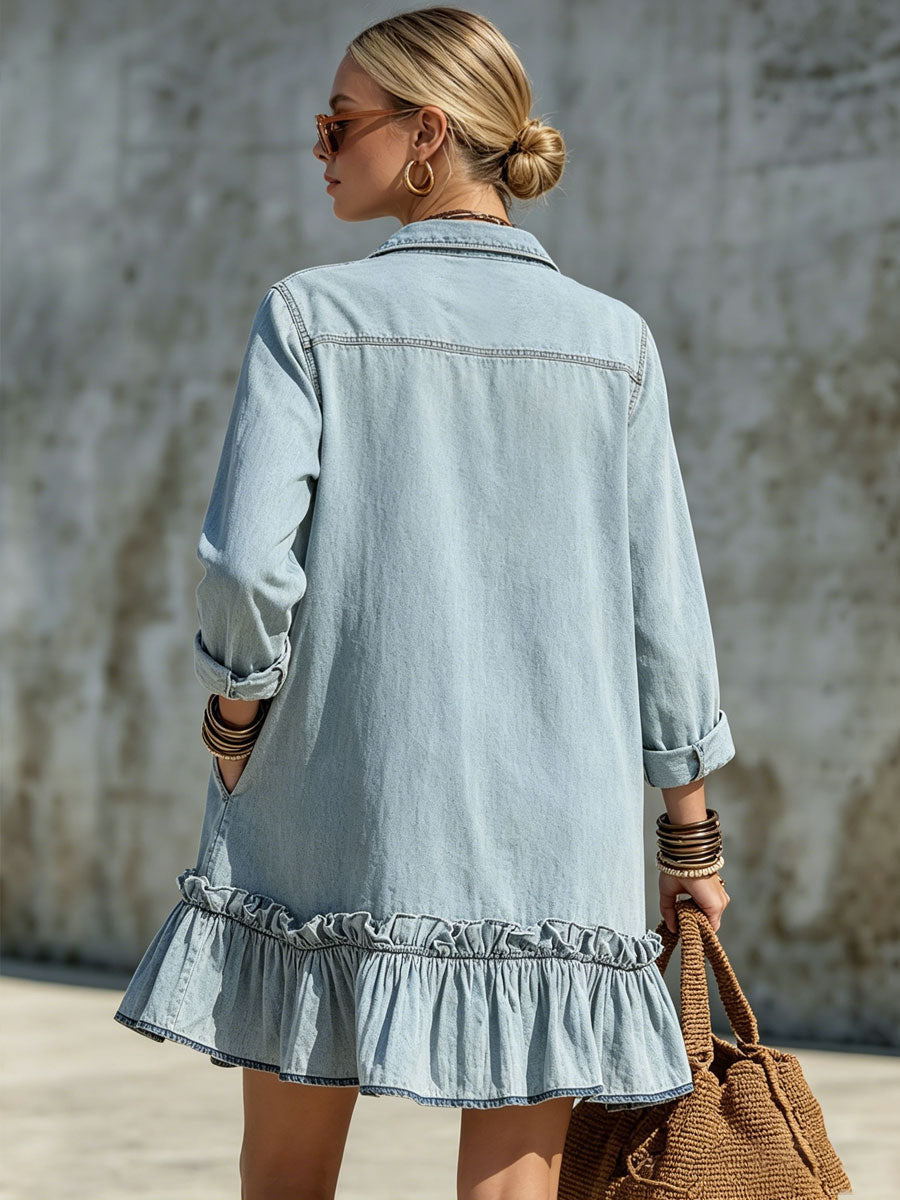 Casual Retro Light Blue Denim Long-sleeved Ruffle Mini Dress