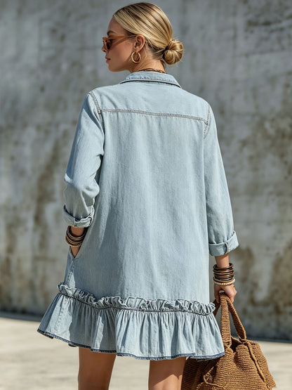 Casual Retro Light Blue Denim Long-sleeved Ruffle Mini Dress