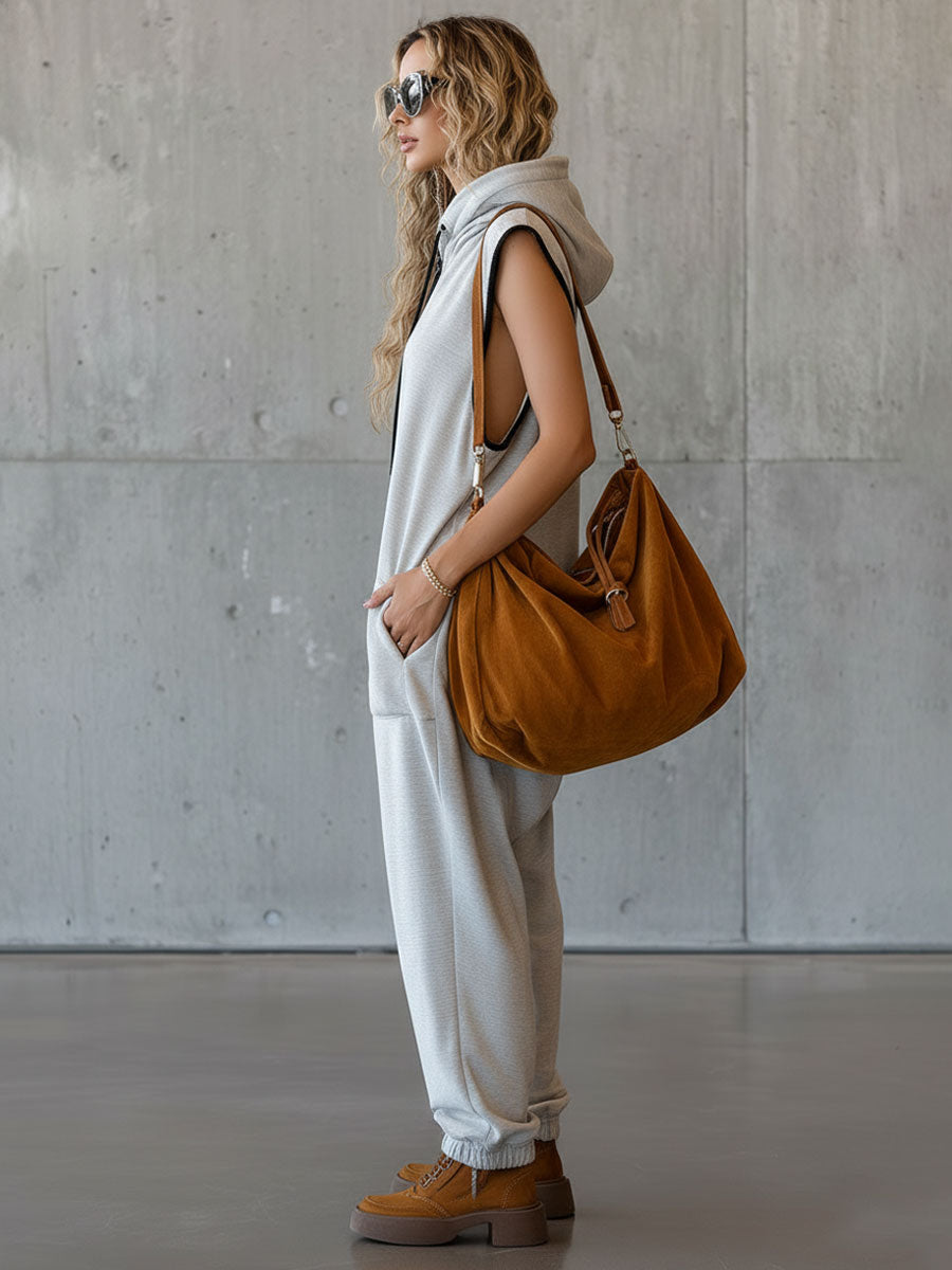 Sporty Retro White-grey Cotton Blend Sleeveless Hooded Jumpsuit