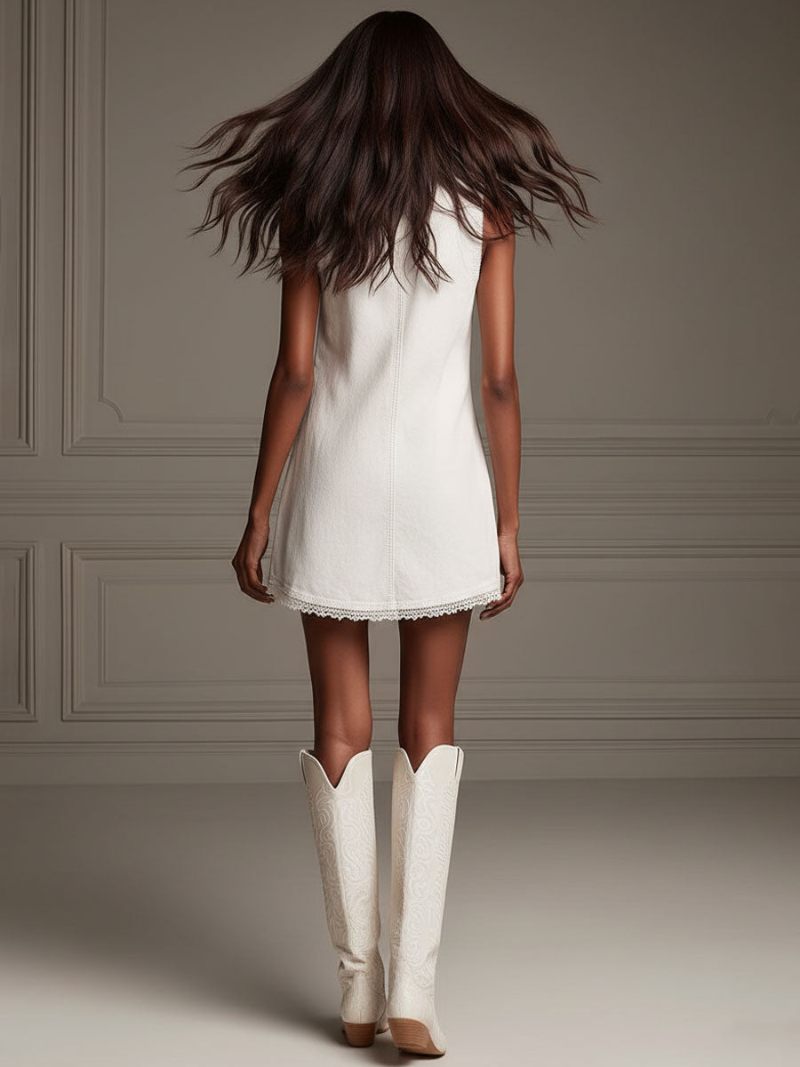 Casual Retro Lace-trimmed White Denim Sleeveless Mini Dress