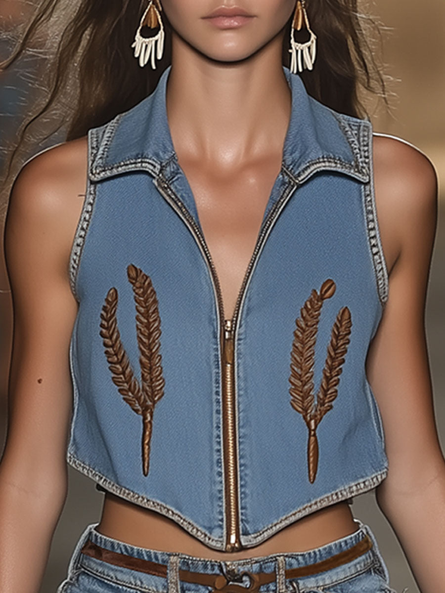 Casual Loose Retro Wheat Ear Embroidery Zipper Denim Vest