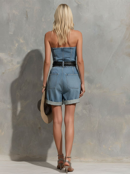 Fashionable Retro Blue Off-shoulder Pocket Denim Shorts Jumpsuit