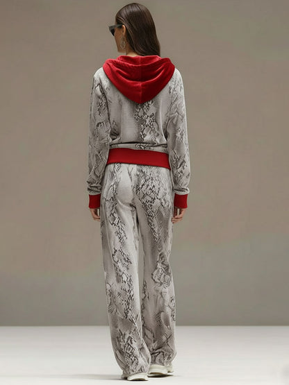 Casual Sporty Retro Snakeskin Gray Velvet Hooded Sweatshirt Wide-Leg Set