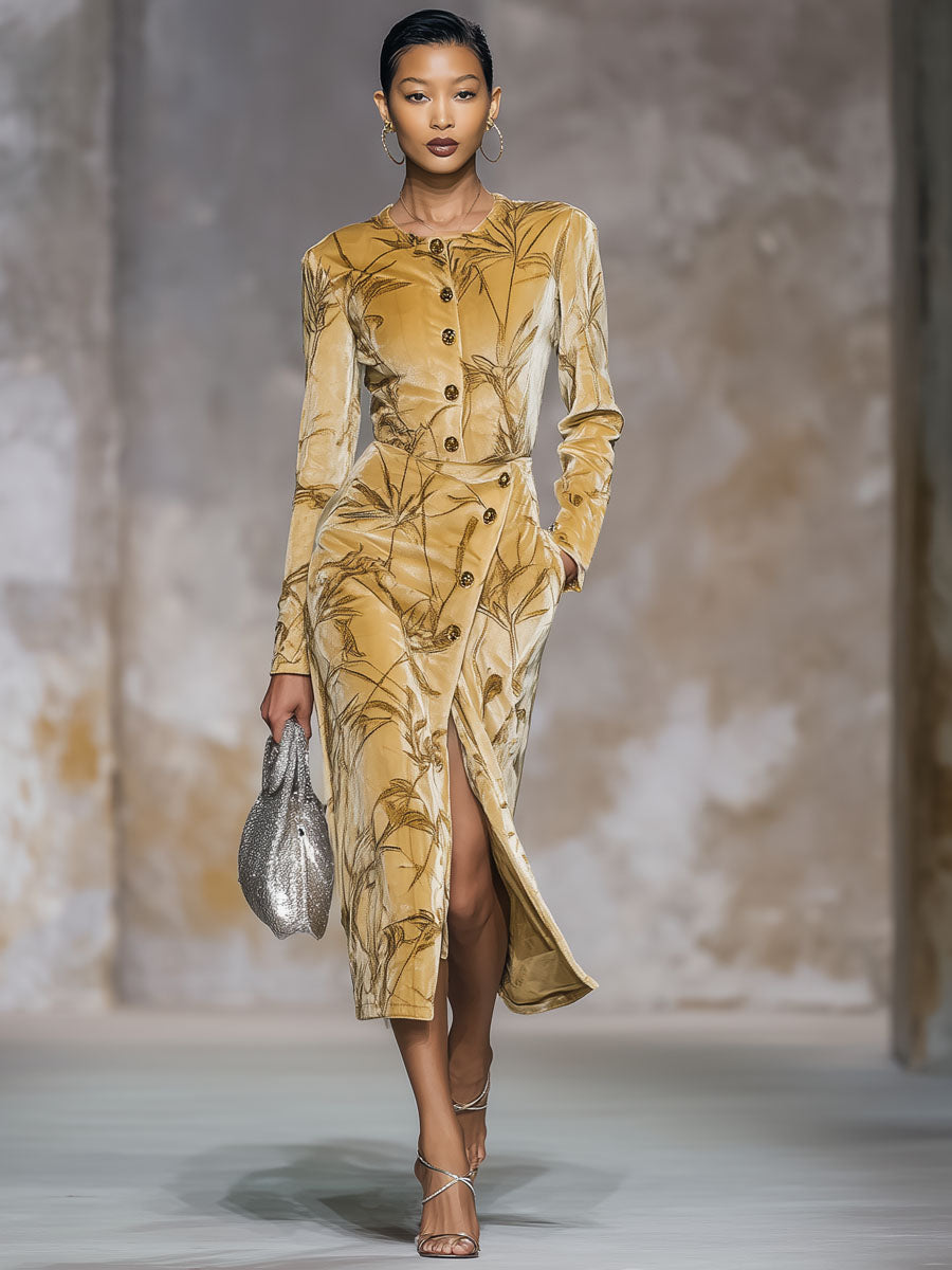 Retro Leaf Print Round Neck Velvet Button Midi Dress