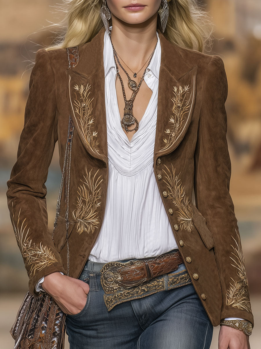 Western-style Retro Embroidered Single-breasted Double-pocket Blazer