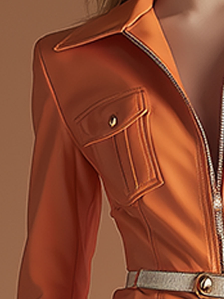 Elegant Retro-style Collared Zip-up Orange Faux Leather Mini Dress