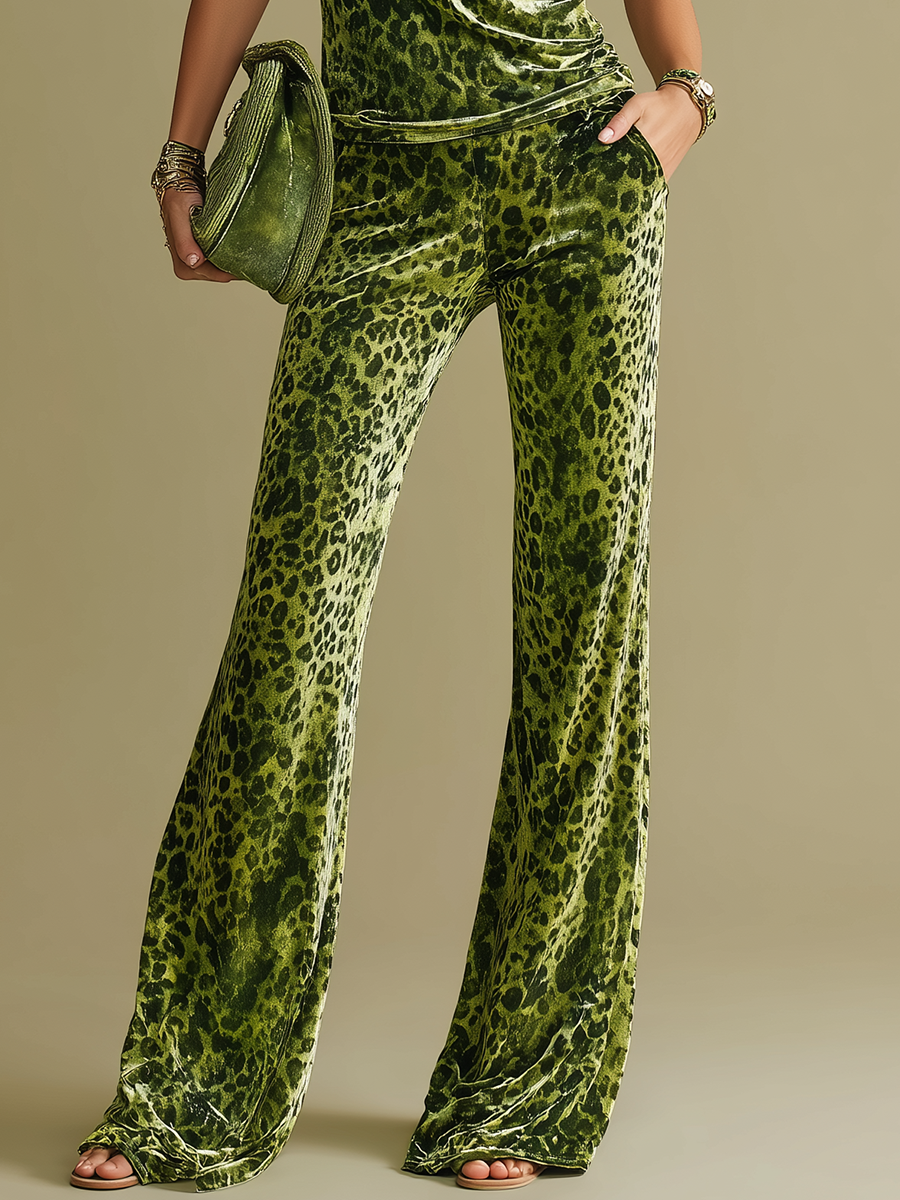 Retro Leopard Print Short Sleeve Hooded T-shirt And Flared Pants Set